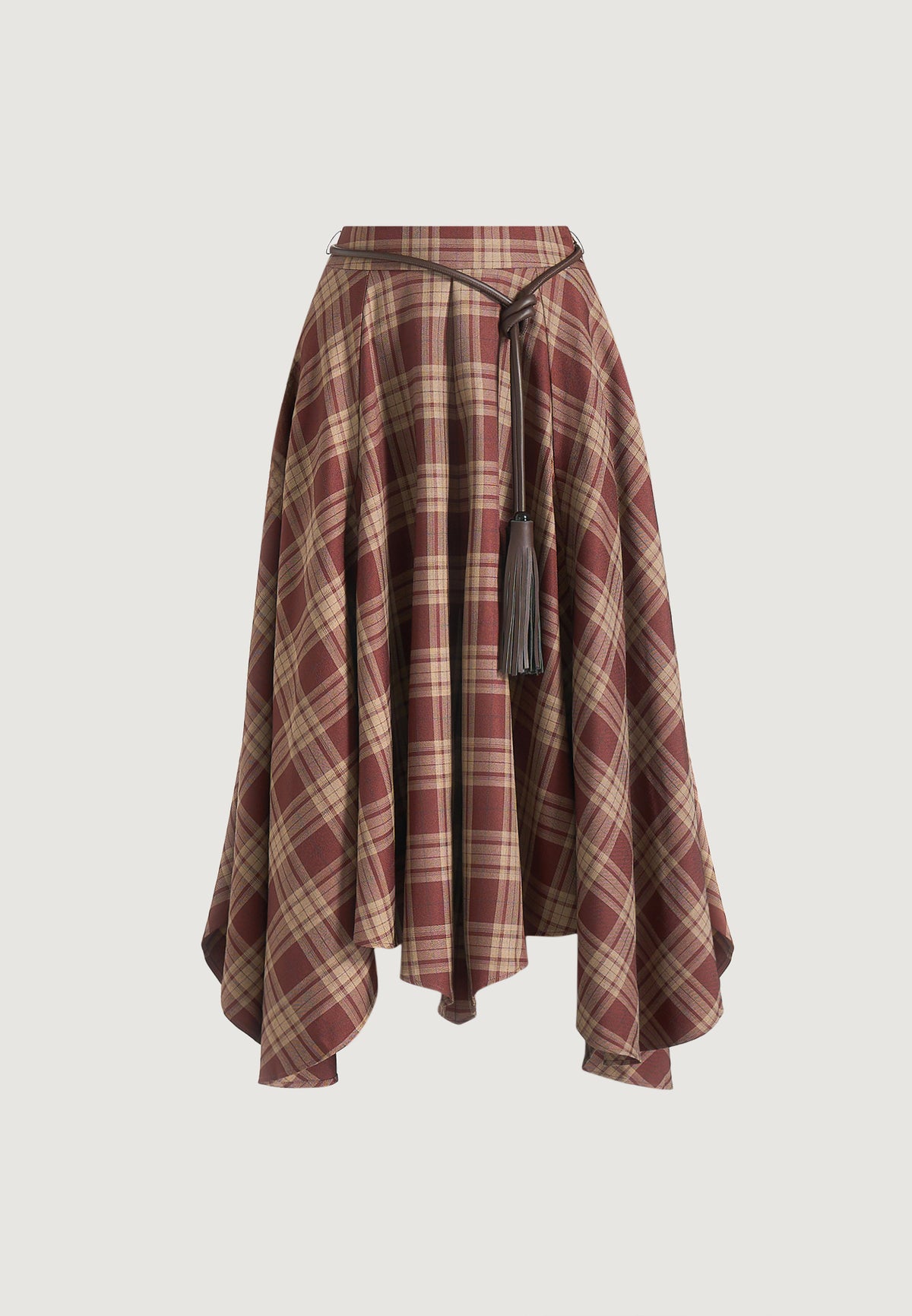 Spencer - Check Handkerchief Midi Skirt With Tassel Belt - Brown