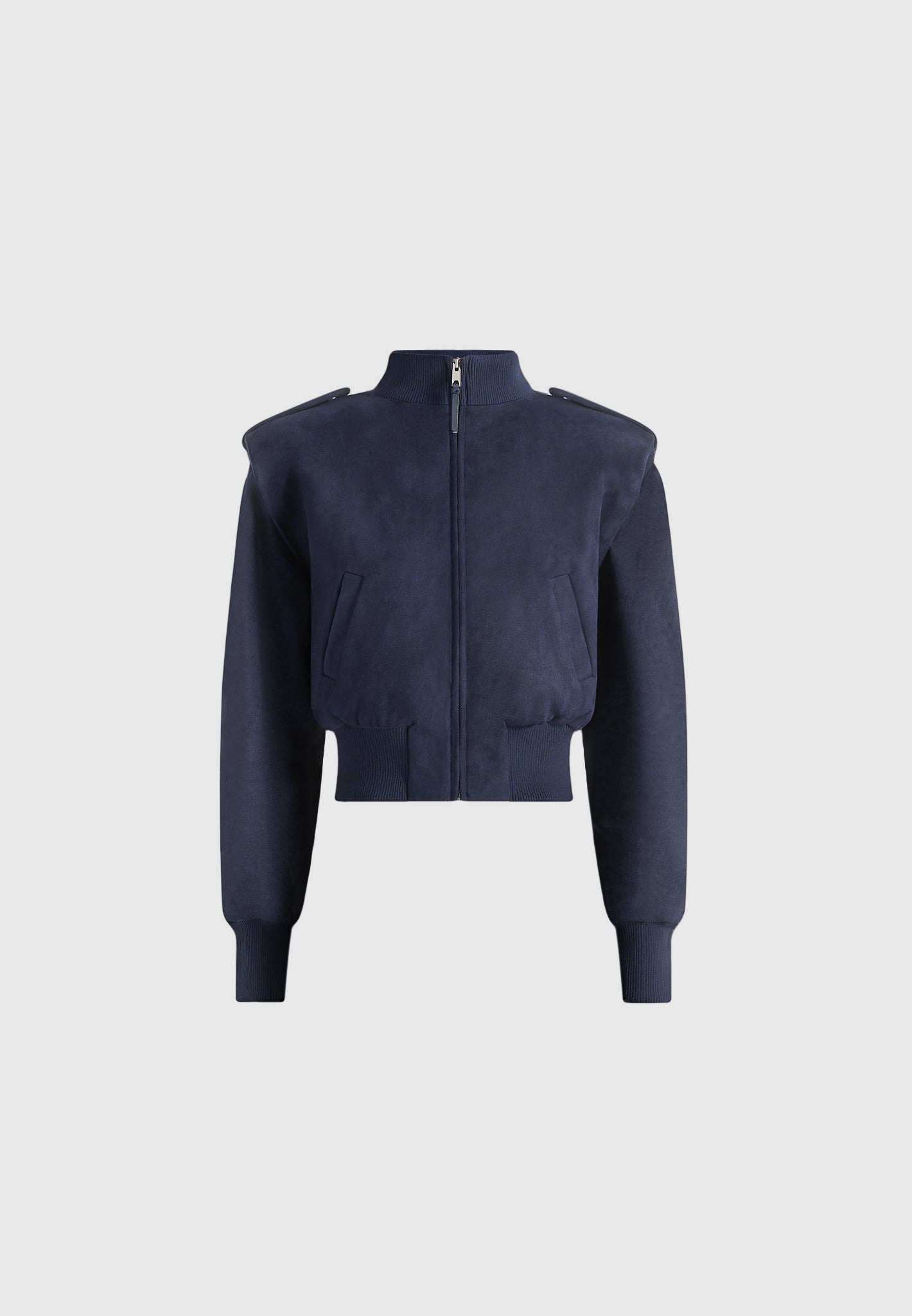 Delfina - Suede Layered-Shoulder Cropped Bomber Jacket - Navy