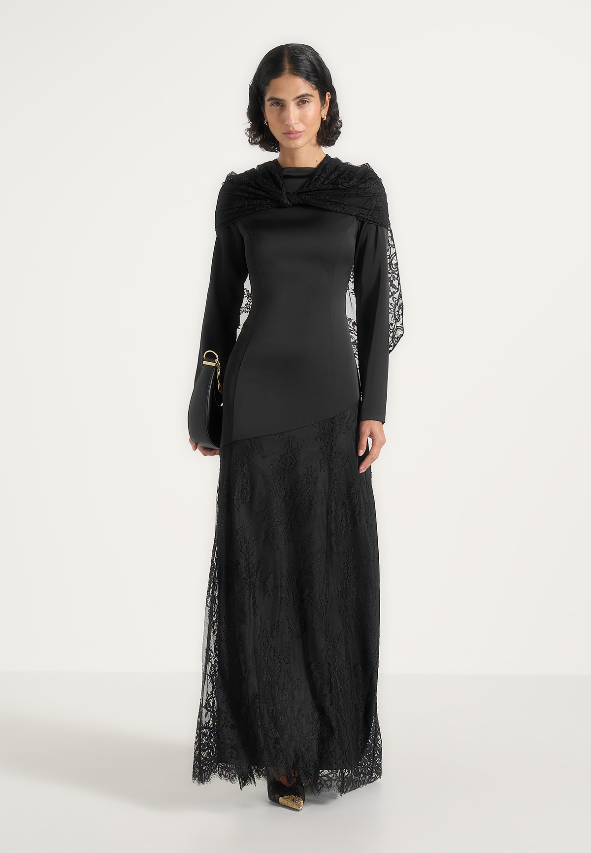 Miriam - Asymmetric Satin & Lace Maxi Dress With Lace Scarf - Black