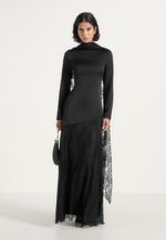 Miriam - Asymmetric Satin & Lace Maxi Dress With Lace Scarf - Black