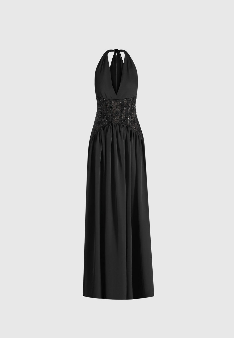 Ava - Halterneck Embellished Corset Gathered Maxi Dress - Black