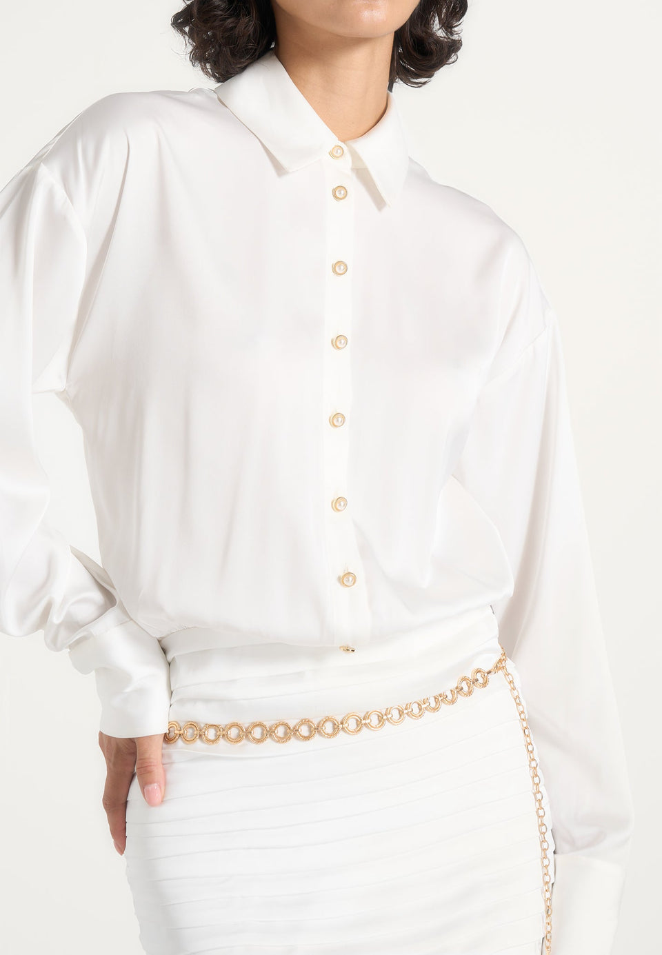 Milena - Chain Belt Ruched Shirt Mini Dress - White