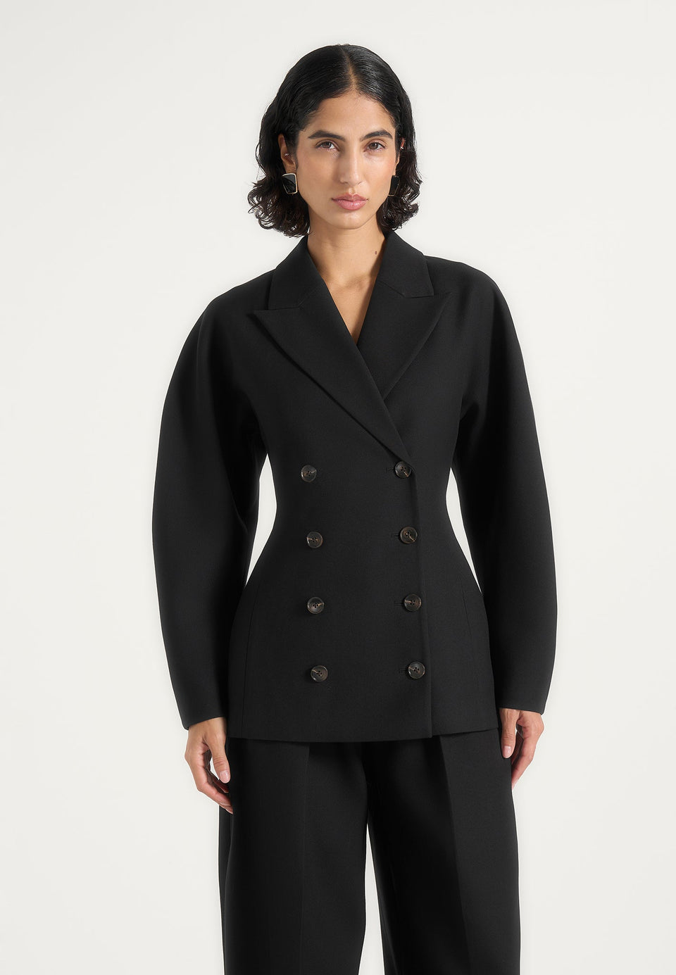 Greer - Wool-Blend Balloon Sleeve Double Breasted Blazer - Black