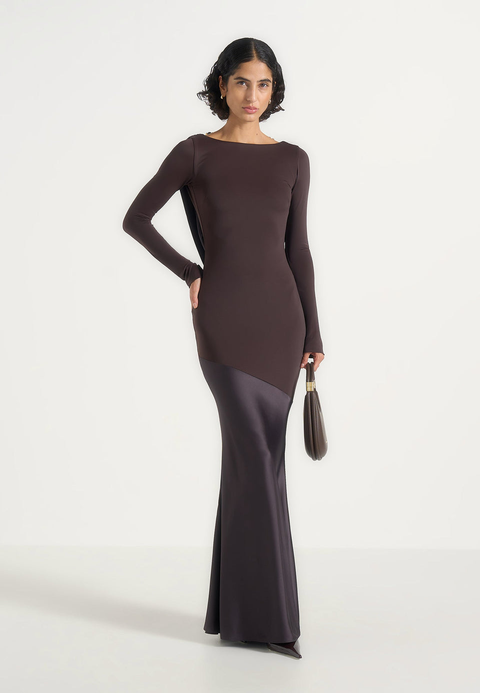 Priya - Beaded Cowl Back Two Tone Fishtail Gown - Brown