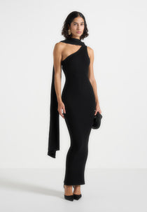 Laya - Asymmetric Knit Maxi Dress With Scarf - Black