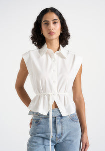 Malia - Sleeveless Tie Waist Cropped Shirt - White