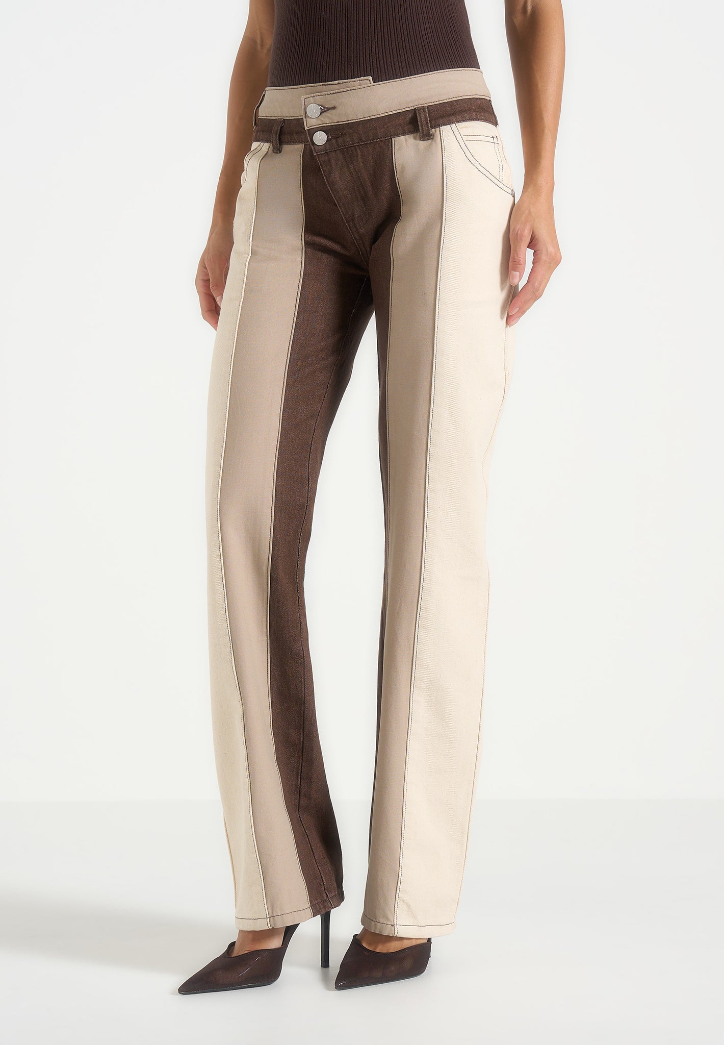 Jacinda - Colour Block Denim Jeans - Beige/Brown 