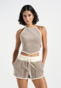 Malena - Contrast Velour Halter Top - Beige