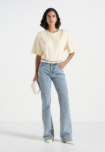 BS002 - Wide Shoulder Bodysuit T-Shirt - Pale Yellow