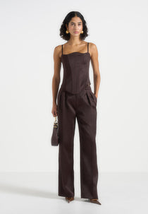 Julie - Satin Twin Pleat Pants - Brown