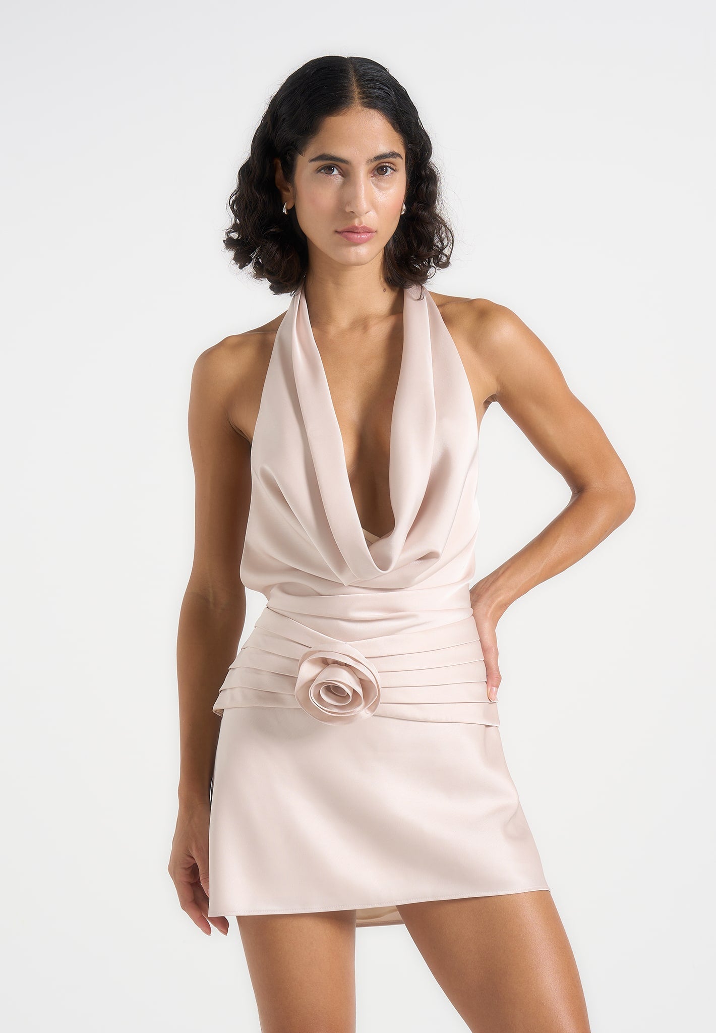 christelle-cowl-halter-open-back-rosette-mini-dress-champagne