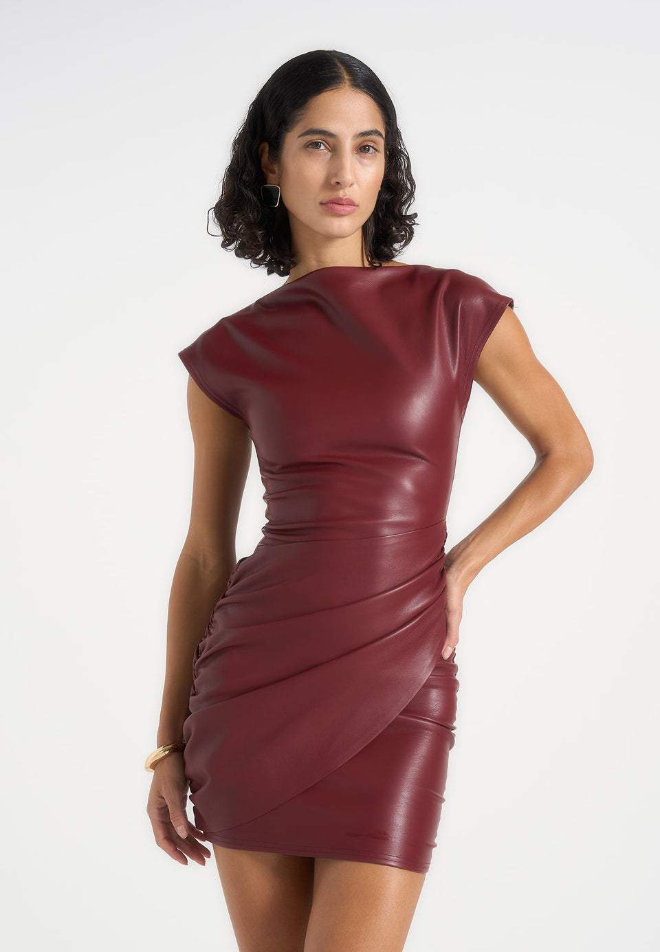 tina-leather-boat-neck-ruched-dress-wine-red