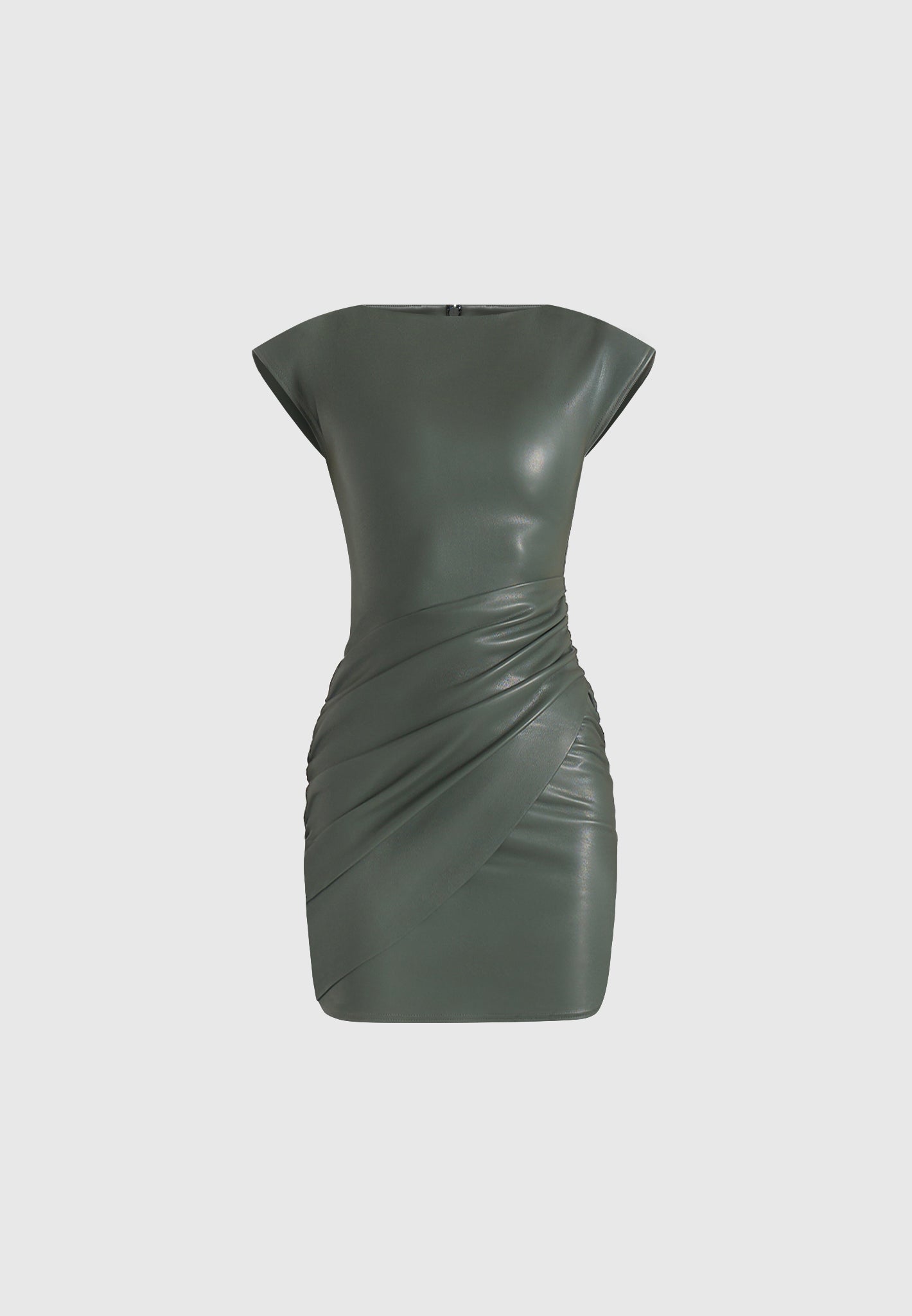 tina-leather-boat-neck-ruched-dress-khaki