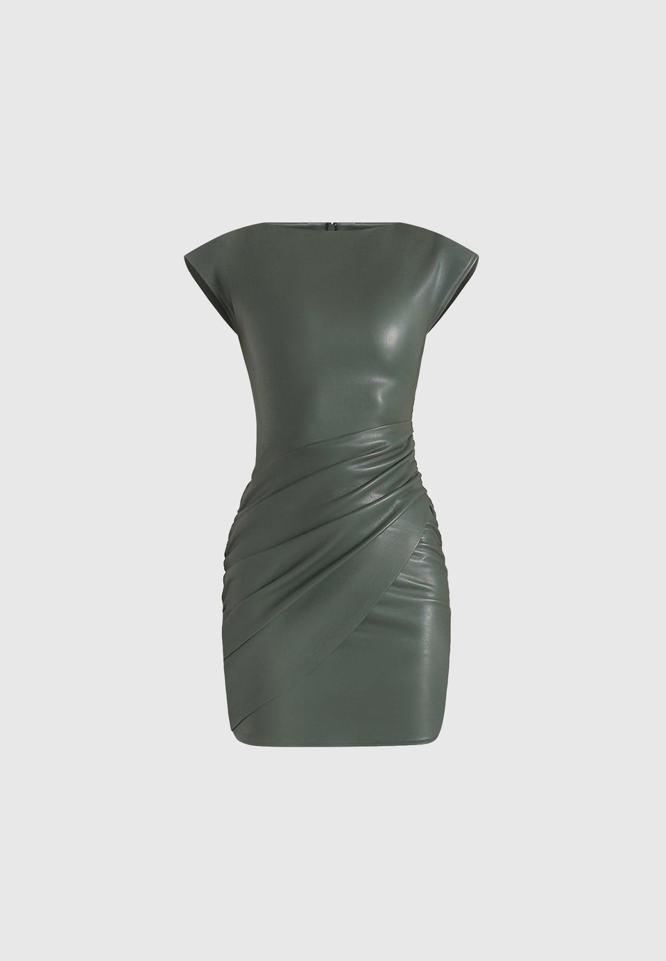 tina-leather-boat-neck-ruched-dress-khaki
