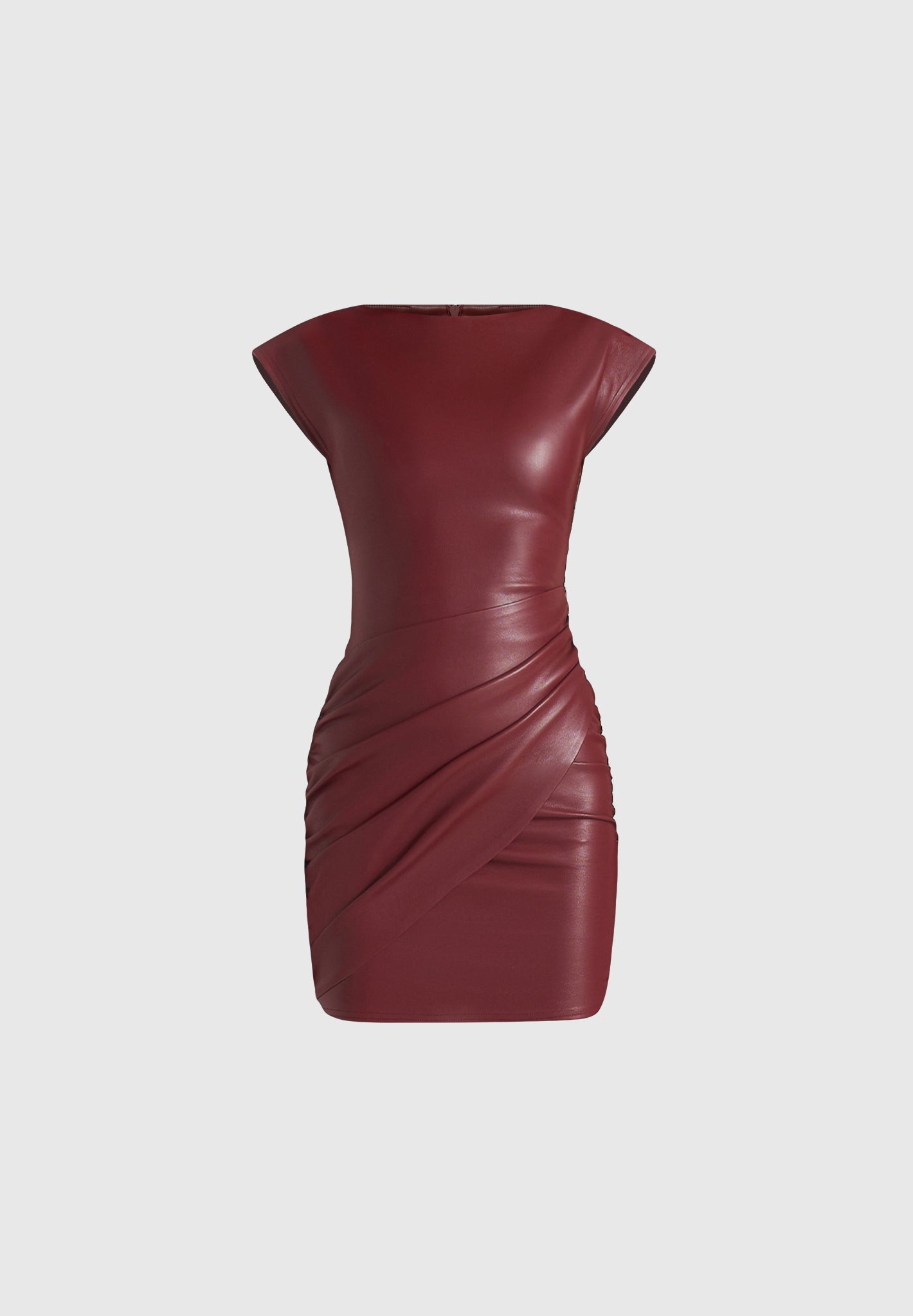 tina-leather-boat-neck-ruched-dress-wine-red