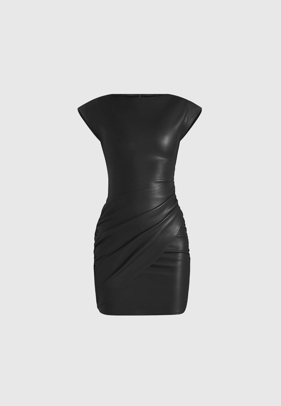 tina-leather-boat-neck-ruched-dress-black