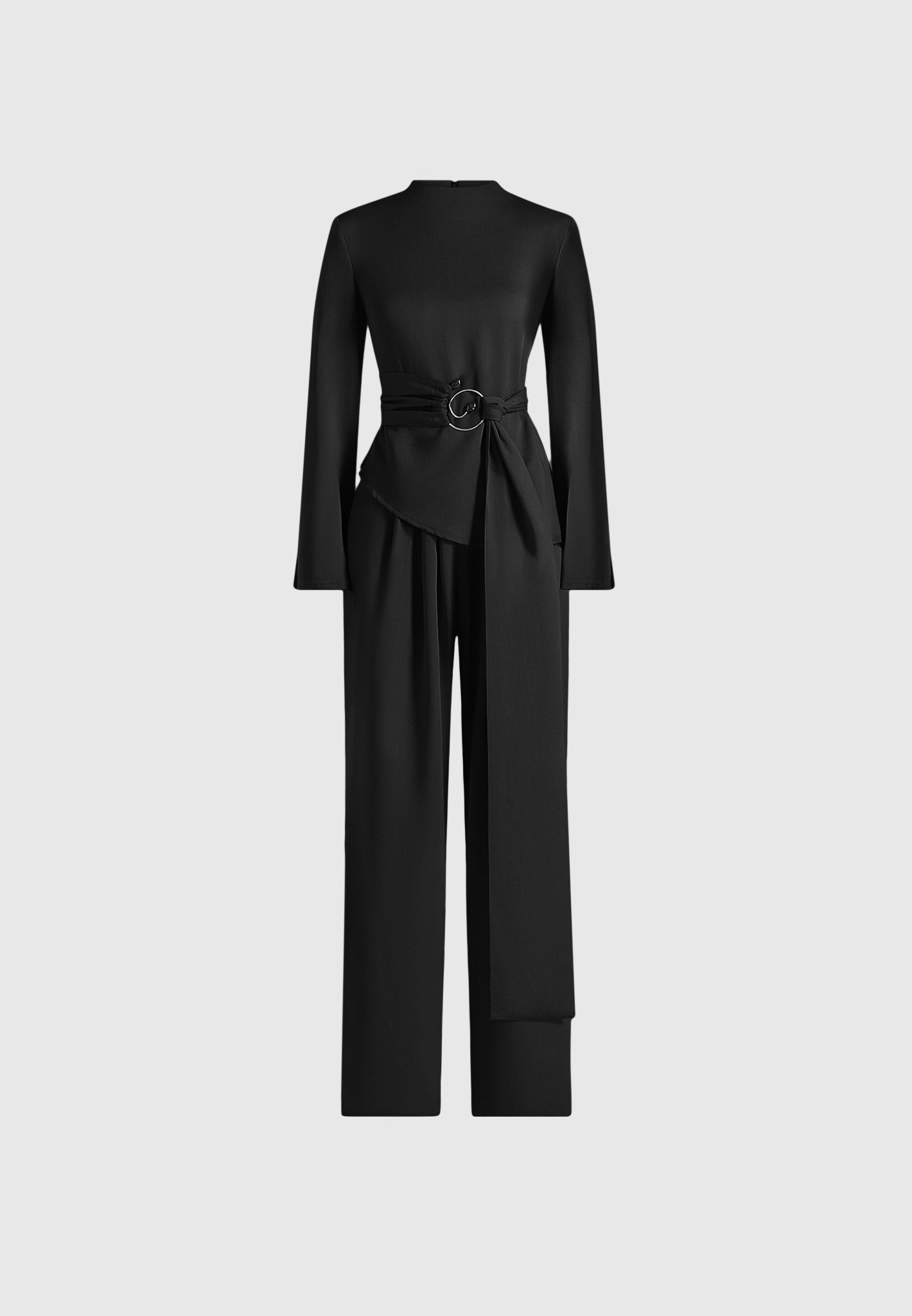 aurore-mock-neck-ring-belt-pleated-leg-jumpsuit-black