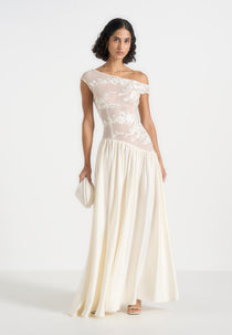 Alanna - Off Shoulder Fit and Flare Maxi Dress - Ivory
