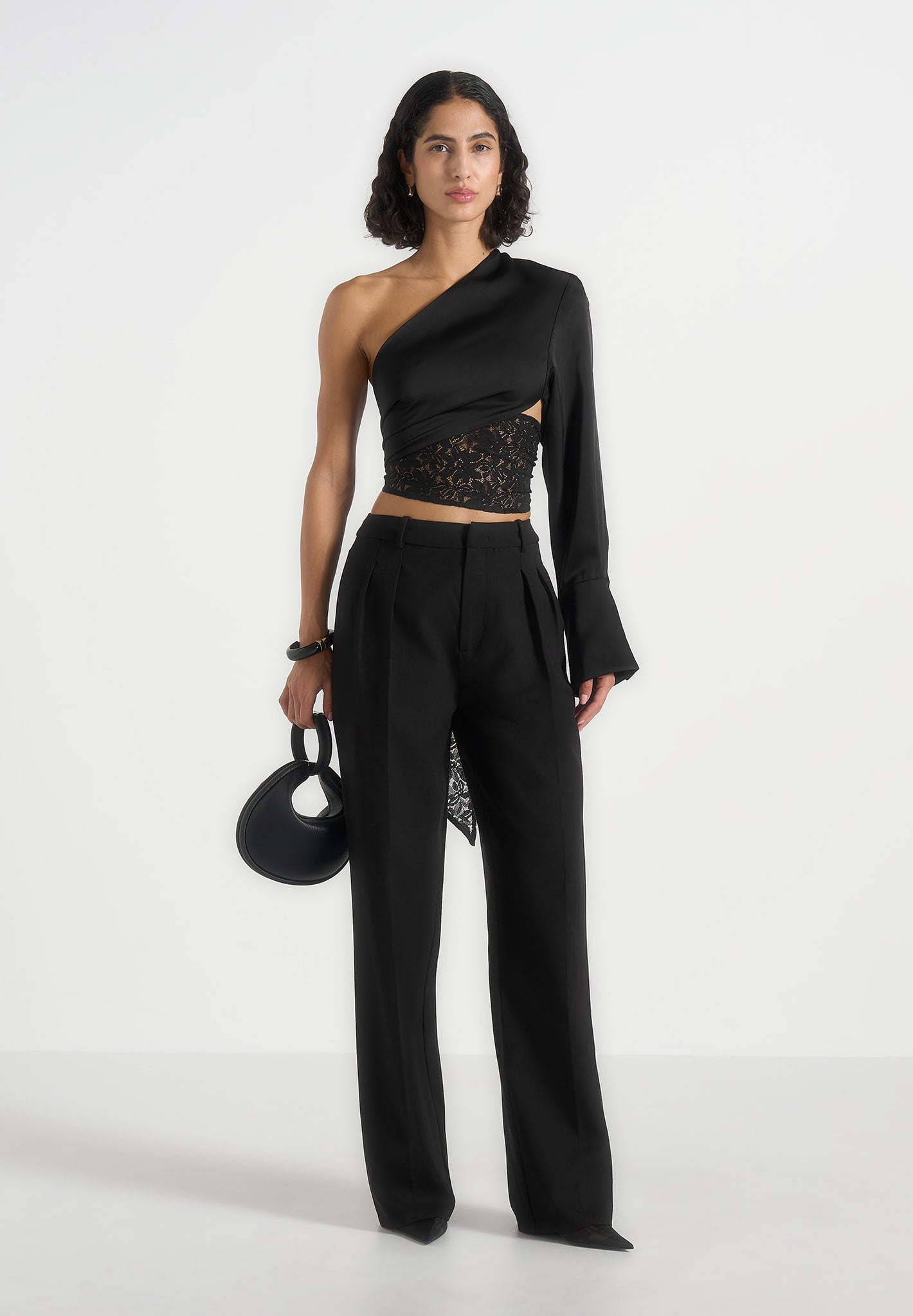 coralie-one-sleeve-satin-and-lace-wrap-top-black 