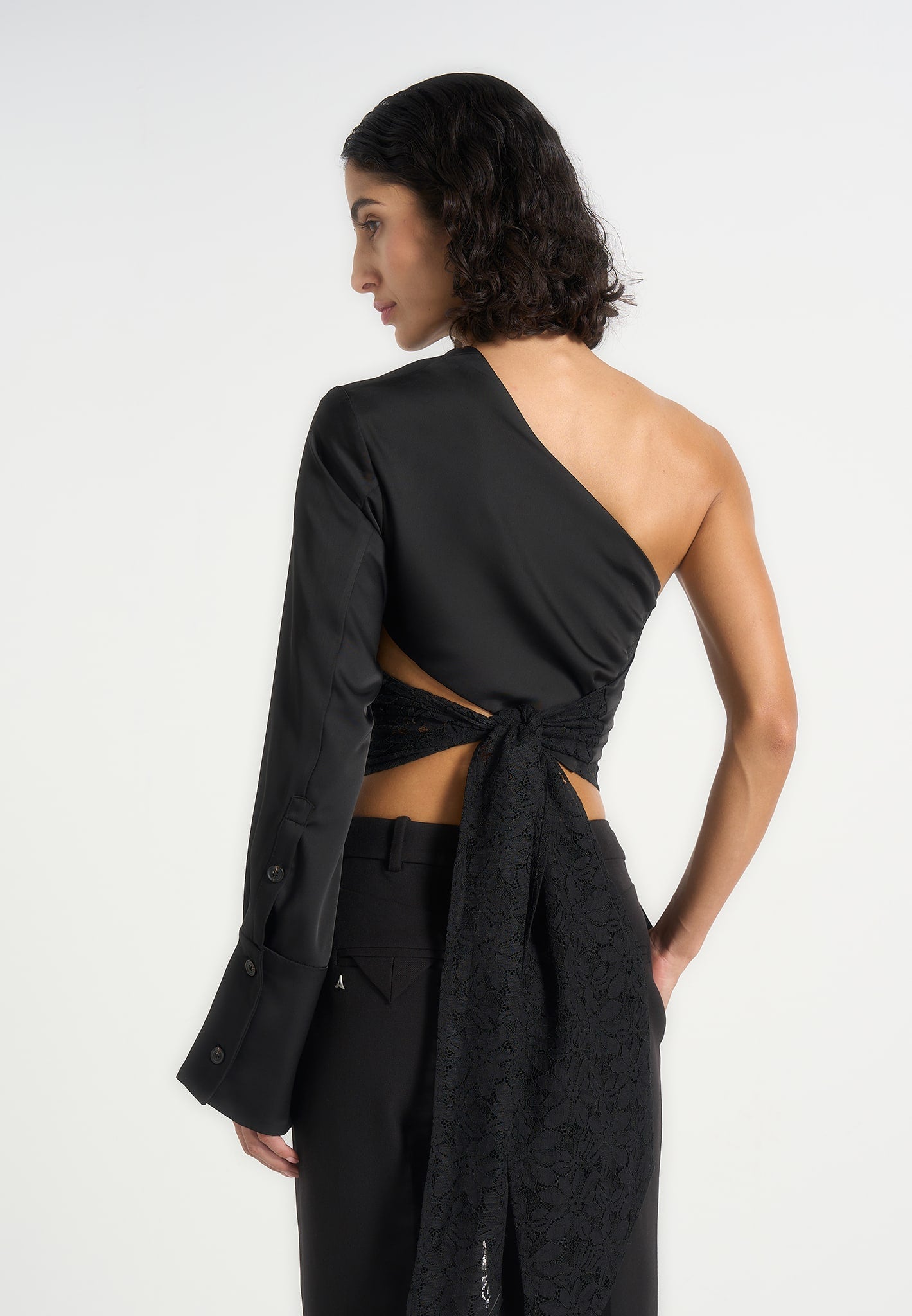 coralie-one-sleeve-satin-and-lace-wrap-top-black 
