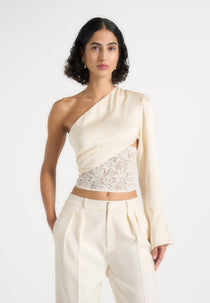 Coralie - One Sleeve Satin and Lace Wrap Top - Champagne