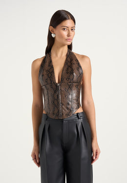 sloane-python-halter-corset-top-brown