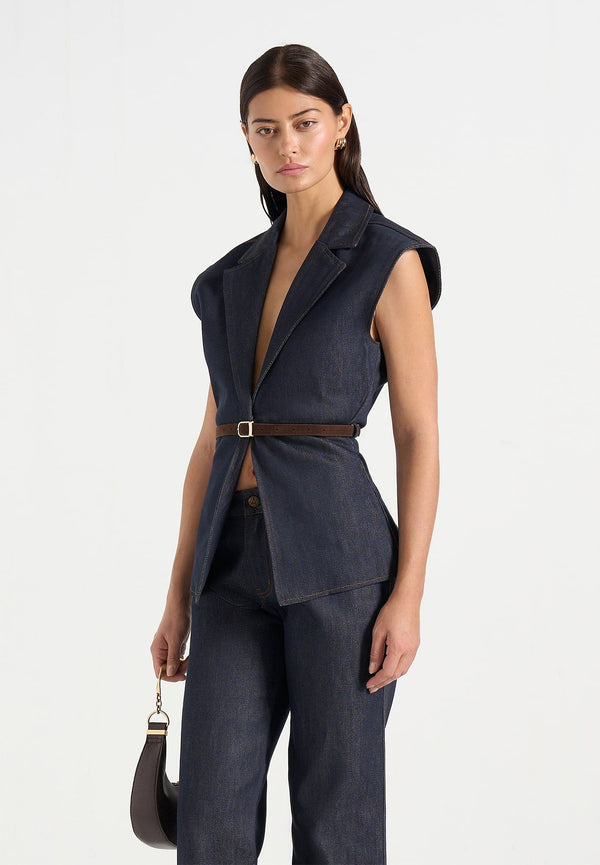 Linda - Denim Wide Shoulder Cinched Waistcoat - Indigo