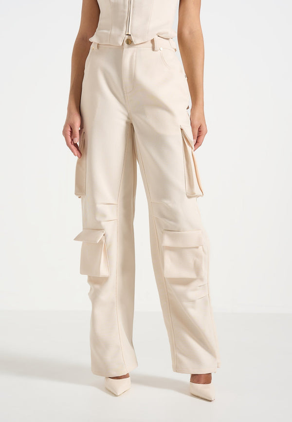 Emilie - High Waisted Twill Cargo Pants - Cream