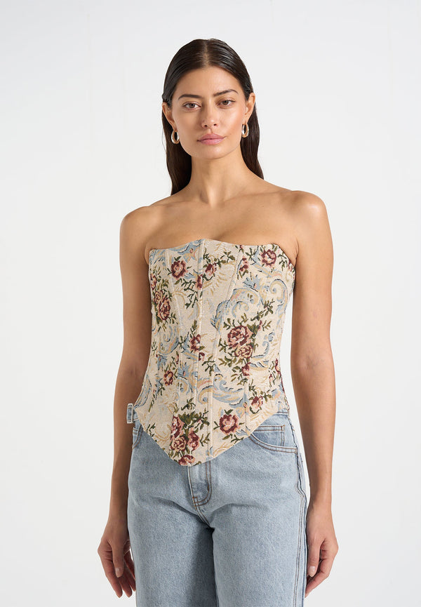 Scarlett - Tapestry Lace Up Corset  - Beige