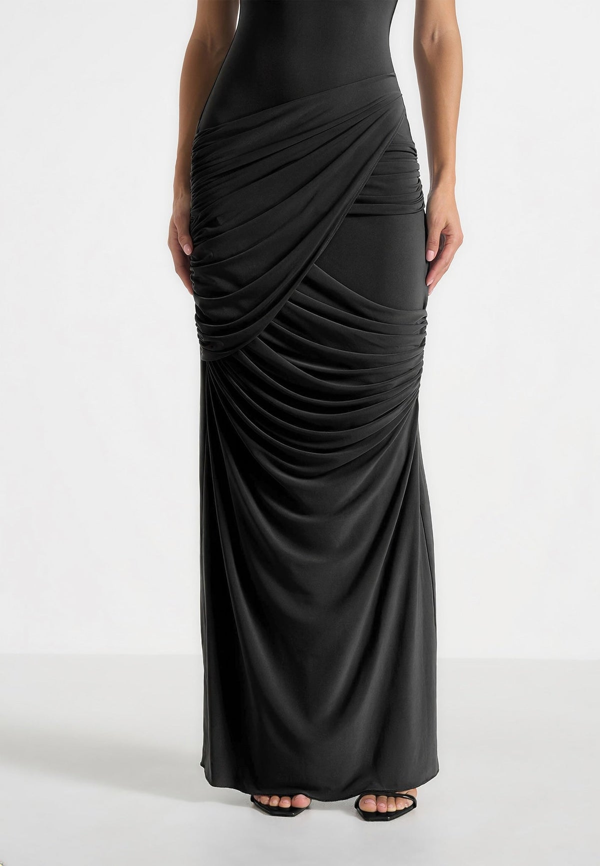Bridget - V Neck Asym Ruched Maxi Dress - Black