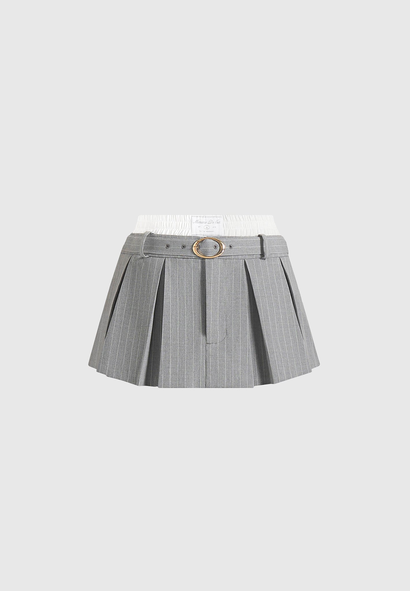 Rebecca - Pinstripe Belted Pleated Skort With Waistband - Grey