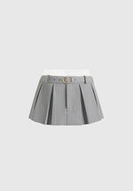 Rebecca - Pinstripe Belted Pleated Skort With Waistband - Grey