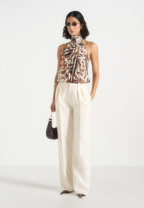 Phoebe - Animal Blouson Tie-Neck Open Back Bodysuit - Multi