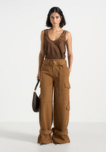 Natalie - Belted Wide Leg Strap Cuff Cargo Pants - Fawn
