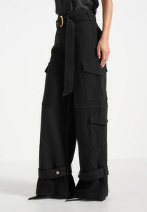 Natalie - Belted Wide Leg Strap Cuff Cargo Pants - Black