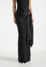 Willow - Halter Neck Clasp Detail Satin Sash Maxi Dress - Black
