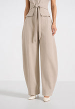 Kira - Tie-Waist Barrel Leg Tailored Jumpsuit - Beige