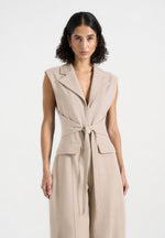 Kira - Tie-Waist Barrel Leg Tailored Jumpsuit - Beige