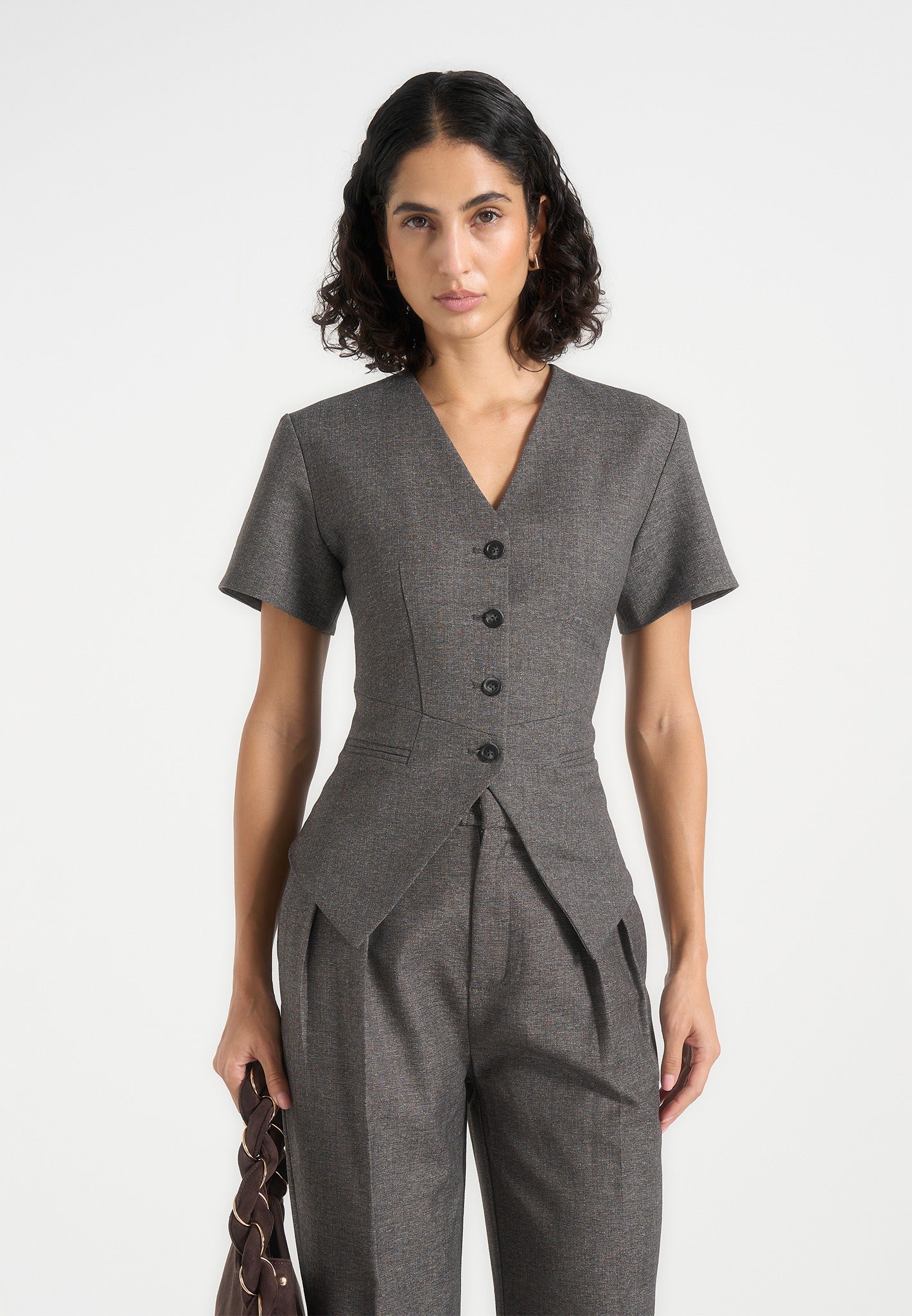 Yolanda - Tailored Peplum Suit Vest - Grey Speckle
