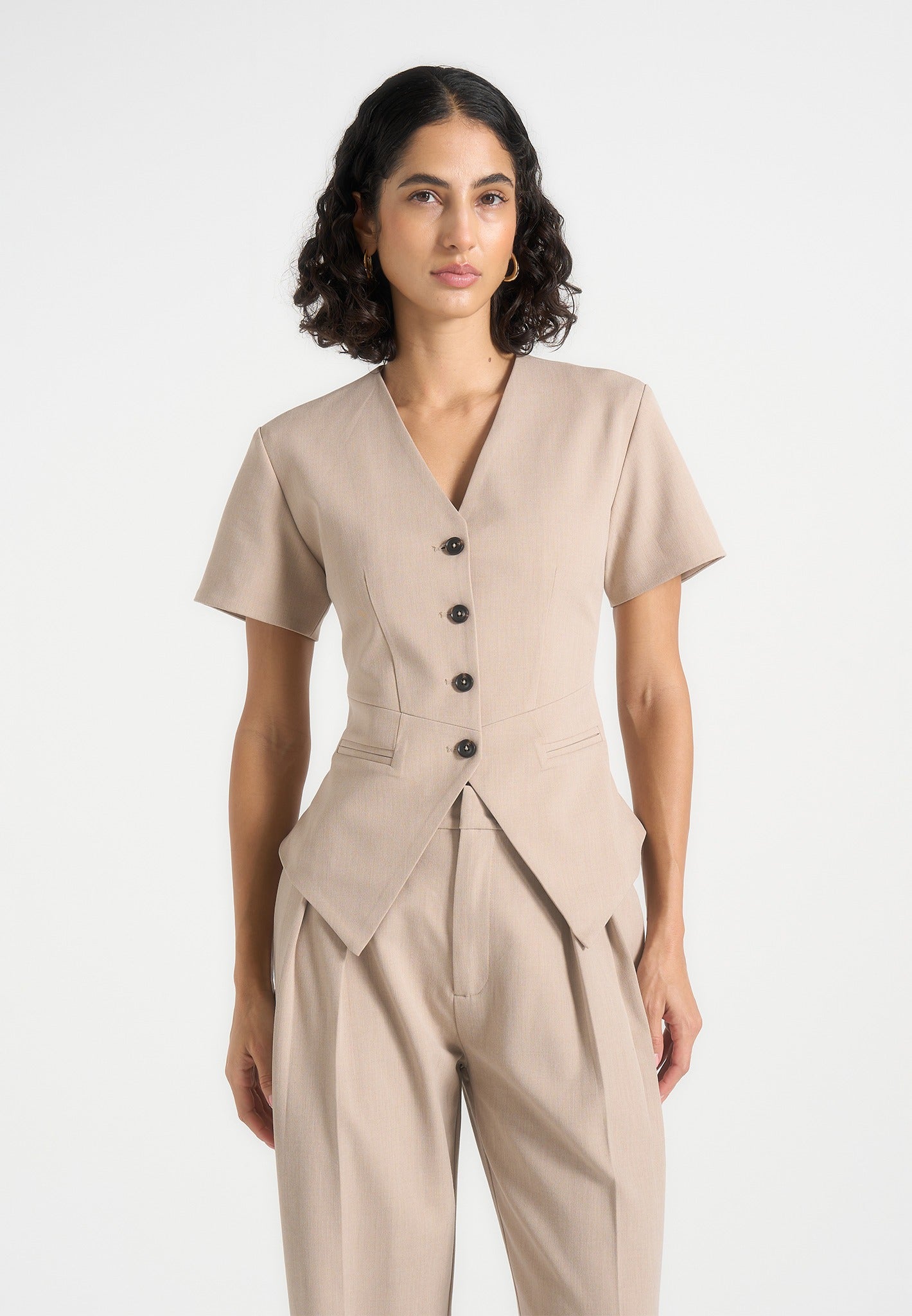 Yolanda - Tailored Peplum Suit Vest - Beige