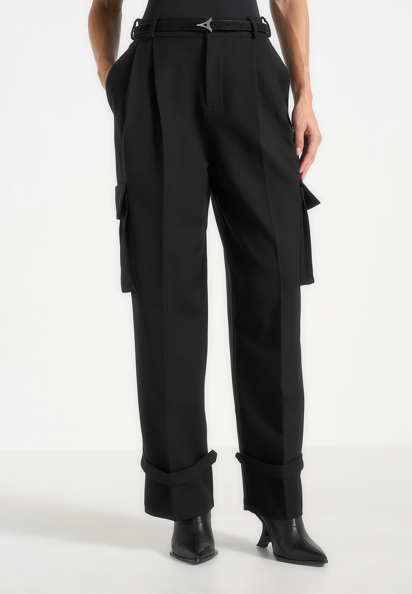 textured-tailored-pleated-cargo-trousers-black