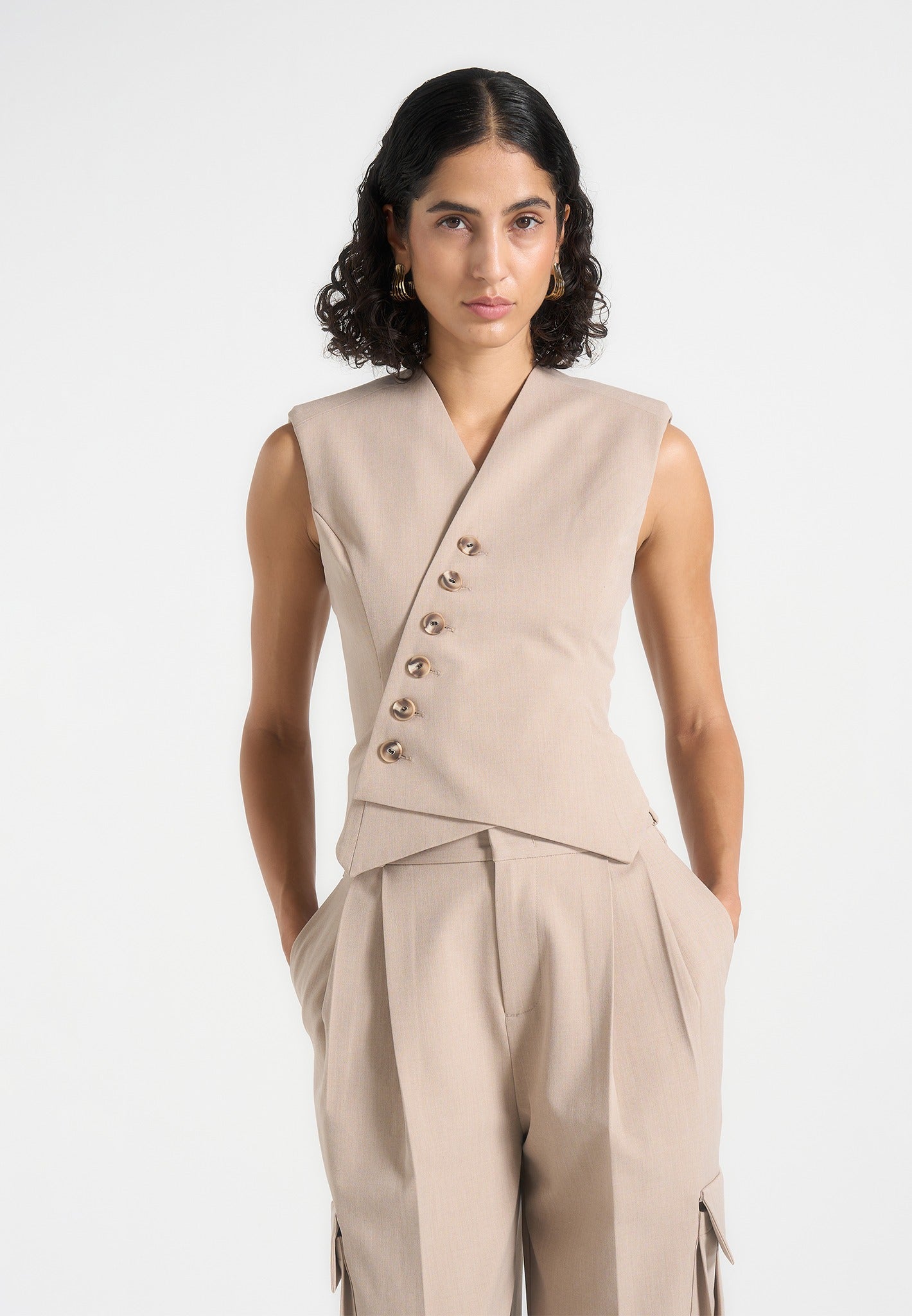 Laurence - Tailored Asym Wrap Suit Vest - Beige
