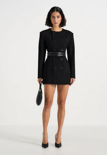 Sierra - Double Breasted Belted Blazer Dress - Black