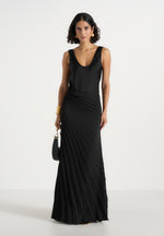 Fiona - Satin Fan Pleat Maxi Skirt - Black