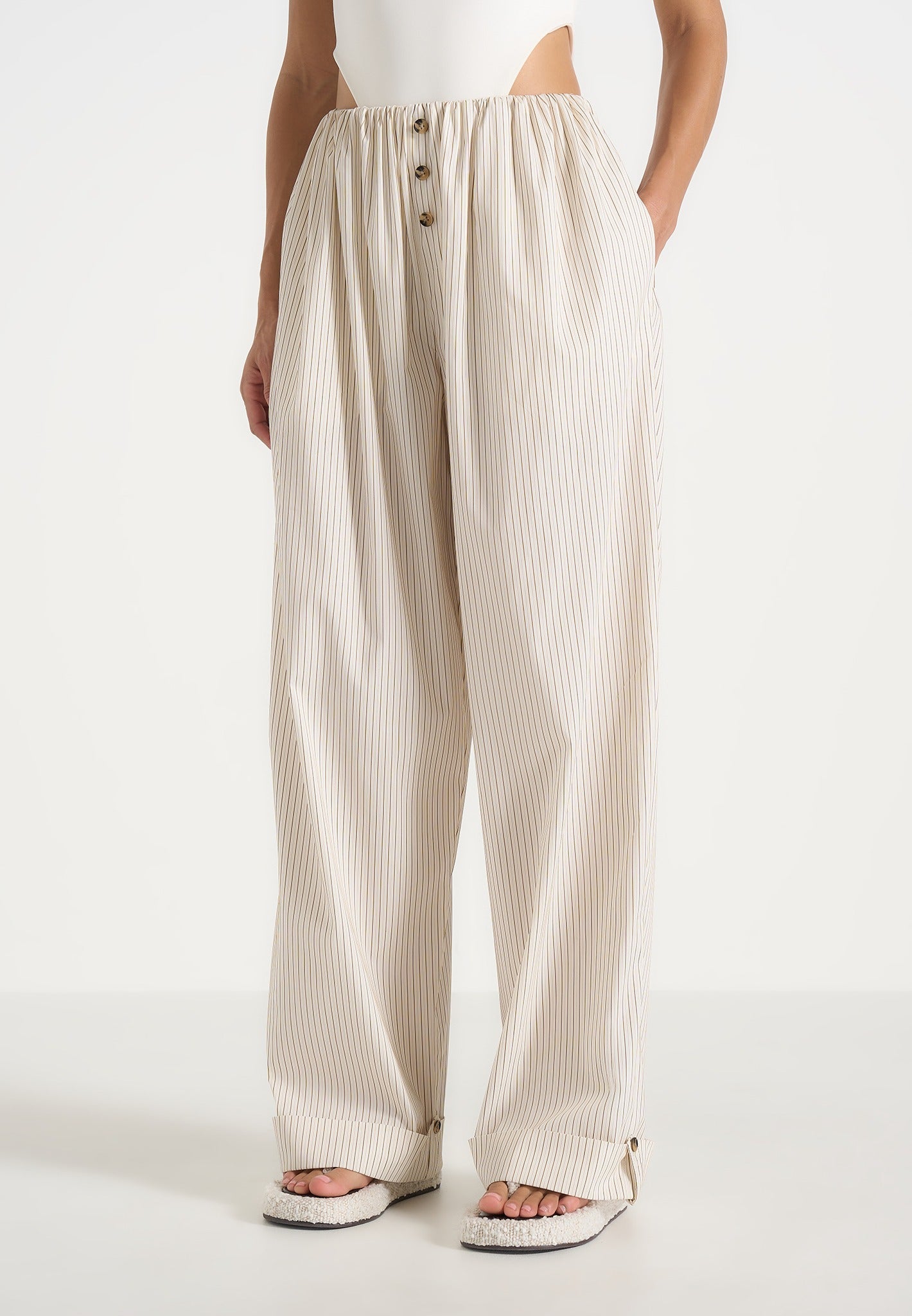 Ivanna - Elasticated Wide Leg Striped Cotton Pants - Cream 