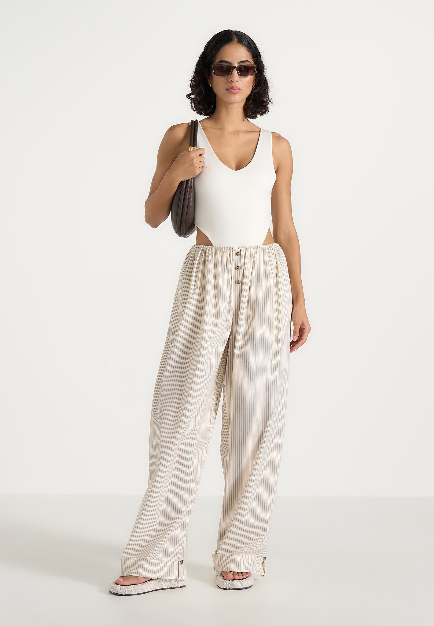 Ivanna - Elasticated Wide Leg Striped Cotton Pants - Cream 
