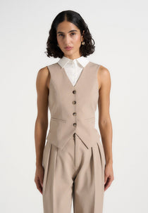 Irene - Collar Detail Cinched Suit Vest - Taupe/White