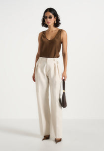 Mathilda - Satin Scoop Neck Open Back Tank Top - Brown
