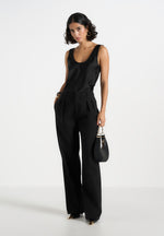 Mathilda - Satin Scoop Neck Open Back Tank Top - Black