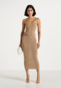Danika - Metallic Rib Knit Belted Midi Dress - Gold
